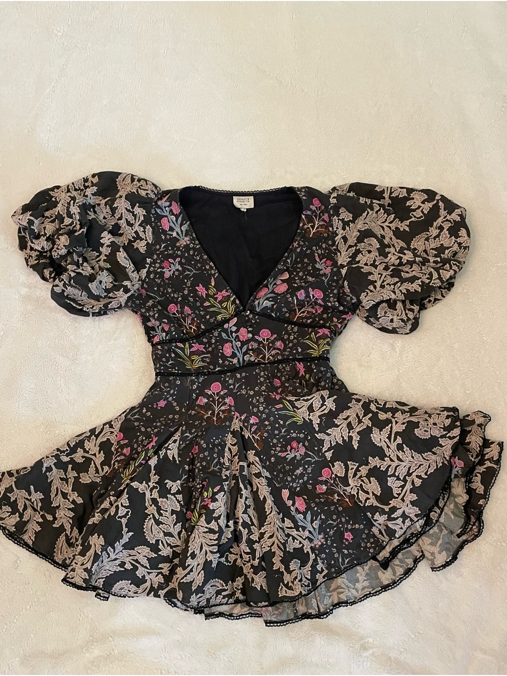 HEMANT & NANDITA Black Mini Dress with Pink Floral Accents